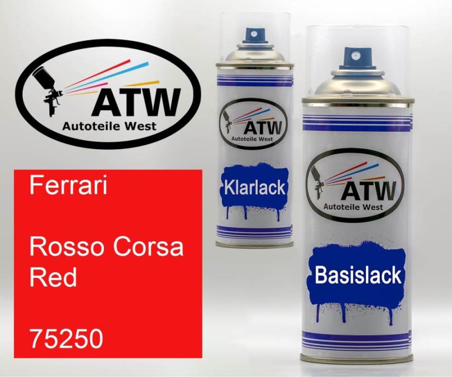Ferrari, Rosso Corsa Red, 75250: 400ml Sprühdose + 400ml Klarlack - Set, von ATW Autoteile West.